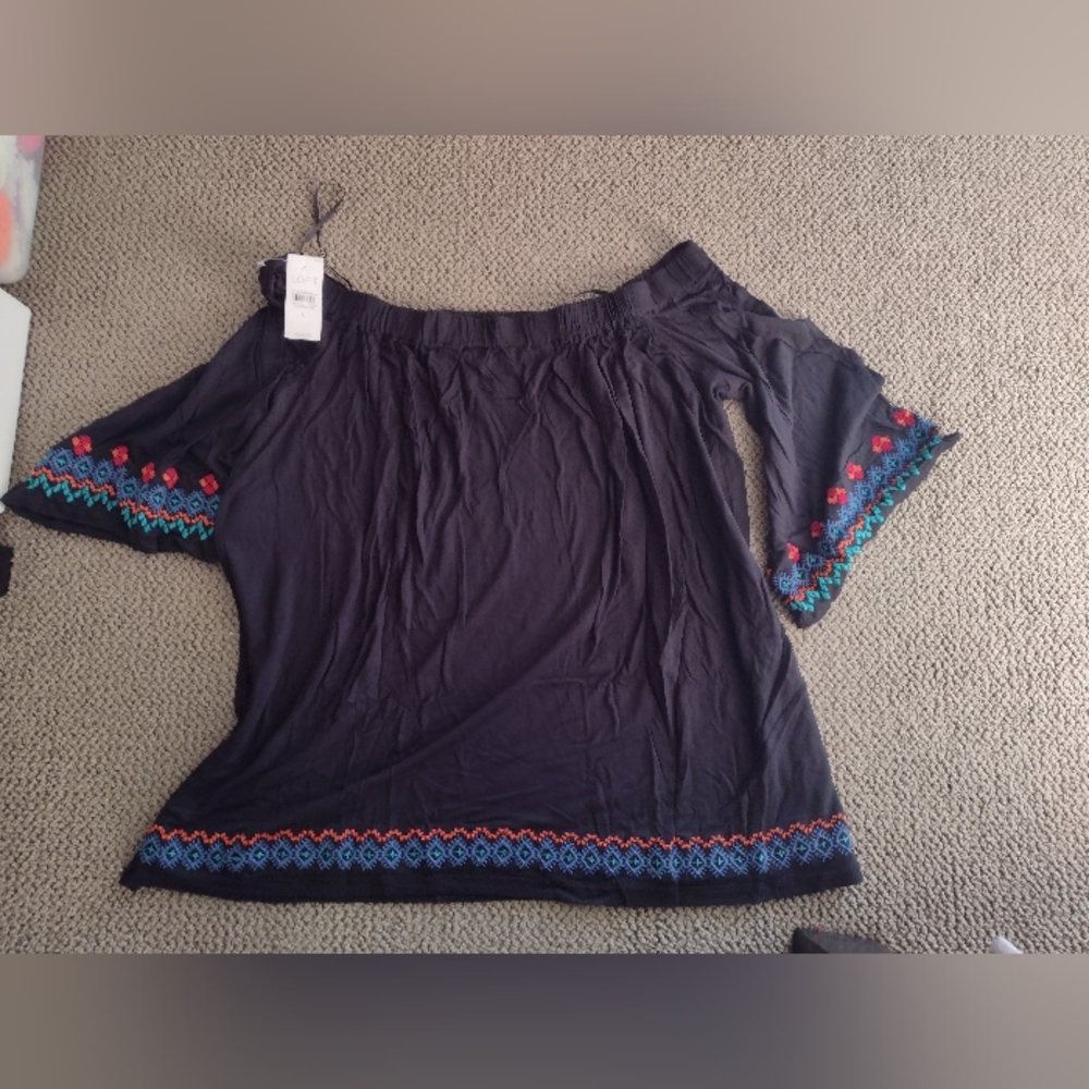LOFT Black off the shoulder embroidered top Size L